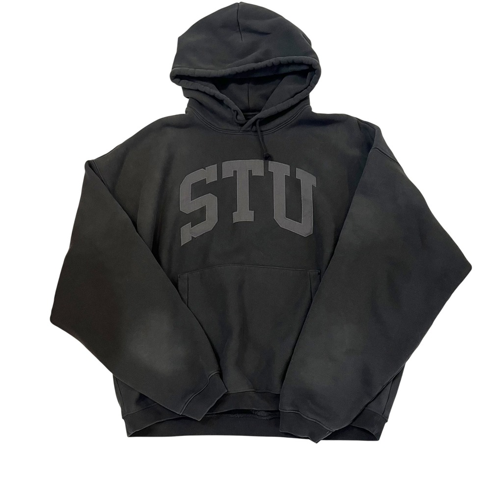 Stussy STU Applique Logo Hoodie Mens XXL Black Collegiate Pullover Sweatshirt